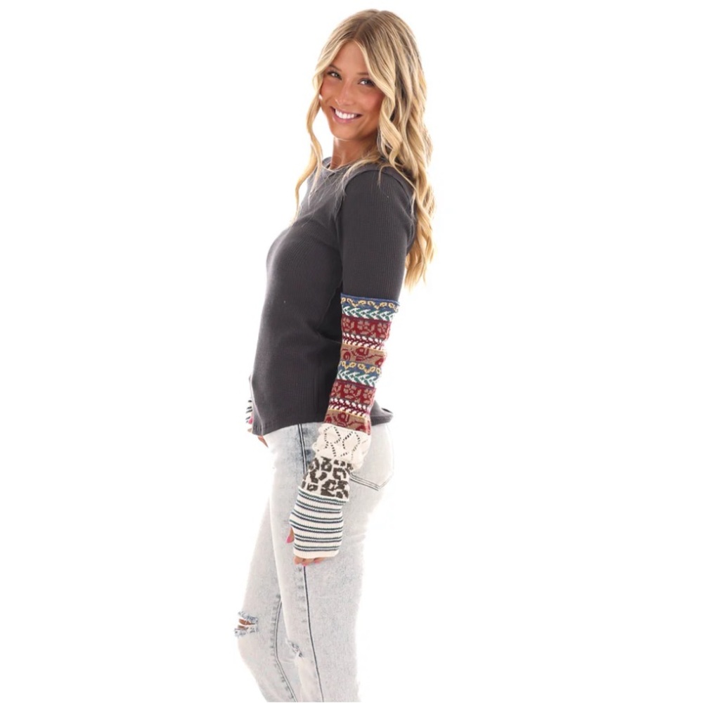 FREE PEOPLE All In Cuff Long Sleeve Top, Washed Black Combo, Size Large - Picture 4 of 6